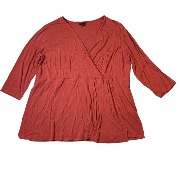 J. Jill Tops - J. Jill Wearever Terracotta Red Faux Wrap V-Neck 3/4 Sleeve Top 2X Y2K Babydoll